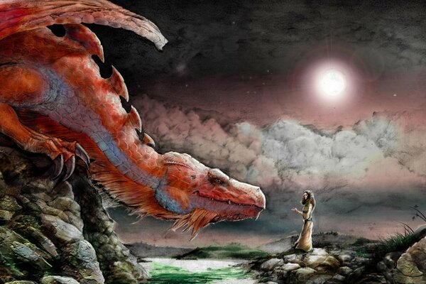 Девушка, сидящая на камнях под луной, и дракон