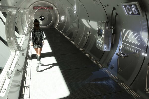 A girl walks down the corridor of a spaceship