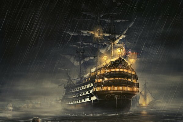 Ein Schiff, das sich durch einen Sturm ins Meer schleicht
