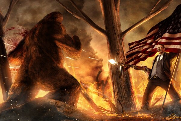 Hombre con bandera de EE.UU. dispara a oso