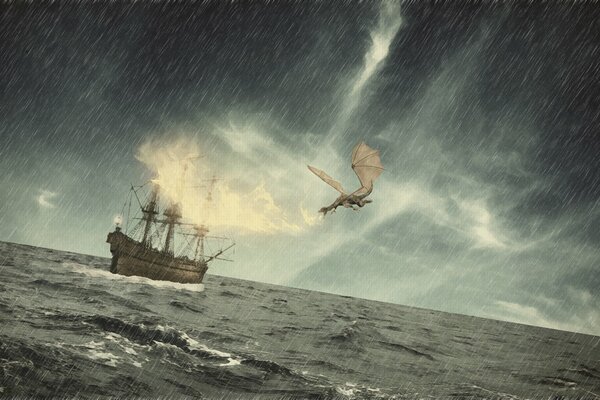 A ship in a storm at sea, a dragon is flying