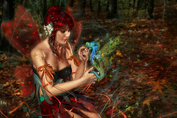 A forest fairy with wings holds a dragon