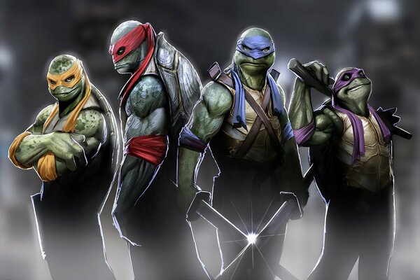 On a black and gray background there is an image of four ninja turtles