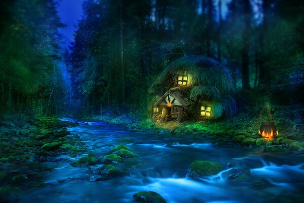 Ein Fluss und eine Hütte mit einem Haus am Fluss