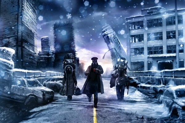 Sullo sfondo grigio-blu di una città congelata distrutta, l immagine di tre soldati