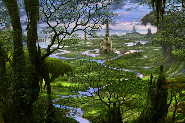 Фентезийный замок среди леса , окружённый рекой
