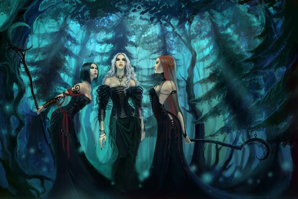 Three witch girls in the forest