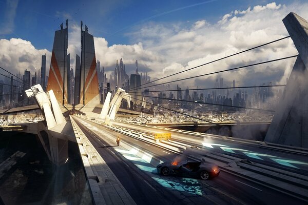 Futuristic image of a bridge and skyscrapers