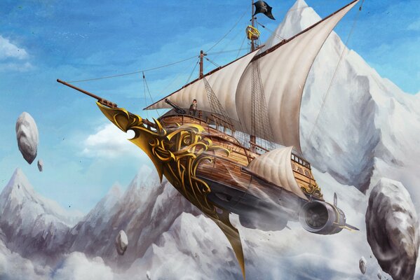 A picture of a flying ship at the rocks