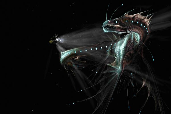 A monster in the form of a dragon appears out of the darkness