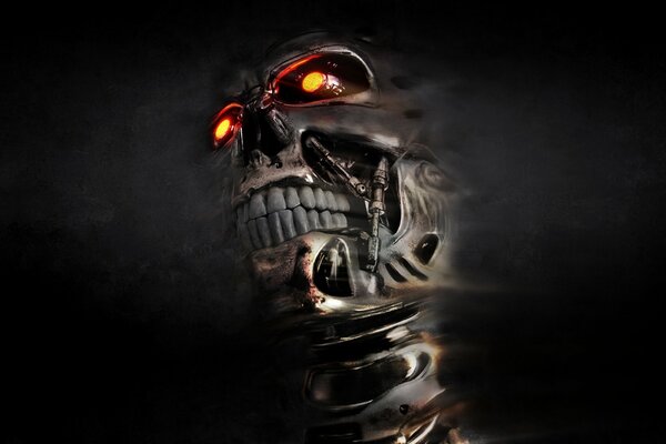 Cyborg skull with glowing eyes