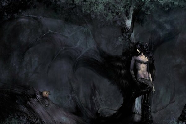 A demon guy in a dark forest on a tree with a red cat