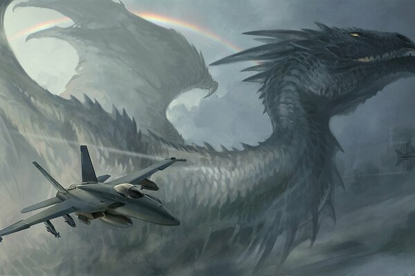 Dragon et avion sur fond d arc-en-ciel