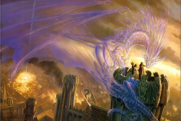 Lo spirito del drago si sedette sulla torre con gli umani durante il fuoco e la distruzione