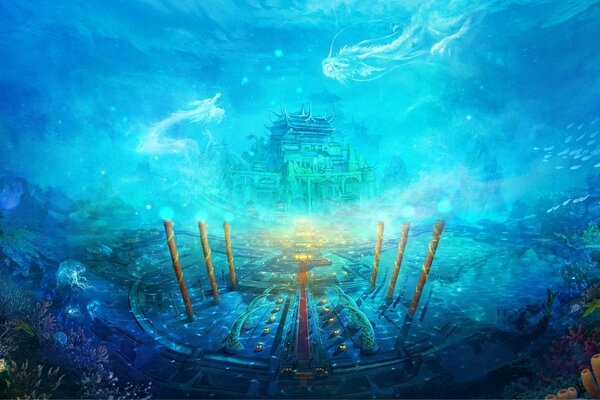 Underwater world with a temple, columns, corals,, swimming fish, dragons