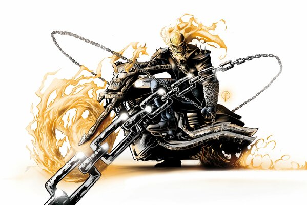 Арт рисунок призрачного гонщика в огне с железными цепями