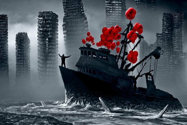 A ship on the water with red poppies