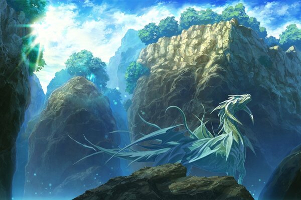 Beautiful landscape with a dragon near the mountain