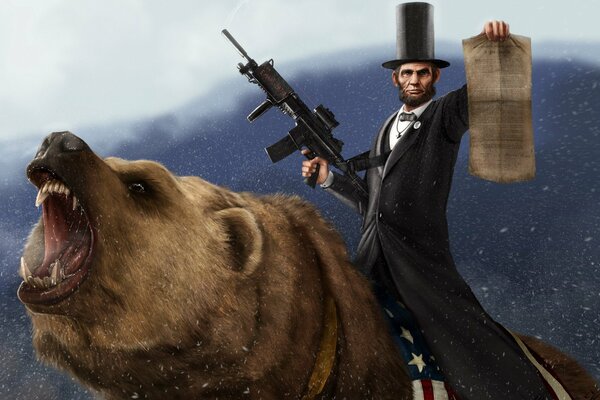 Abraham Lincoln avec un automate sous la neige sur un ours