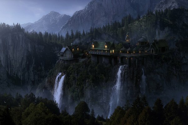 An elven castle on a mountain in the forest