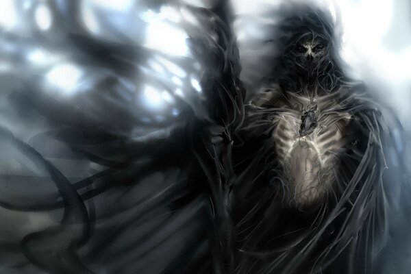 Death with a staff in a cloak blurred
