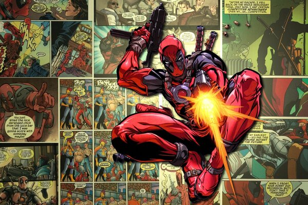 Gezeichneter Deadpool auf Comic-Hintergrund