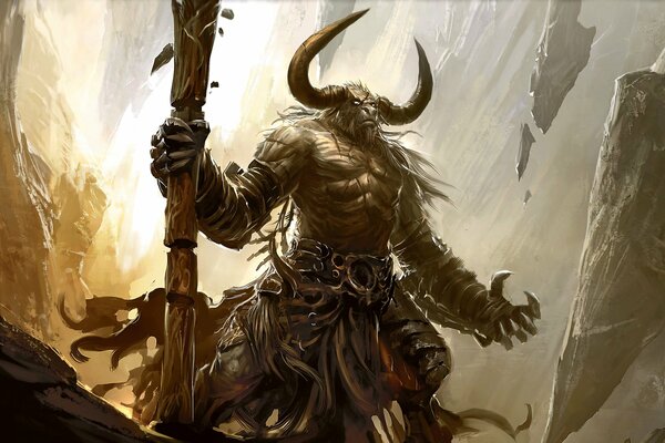 The power and strength of a minotaur with a staff