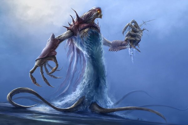 A sea demon with huge arms and tentacles instead of legs