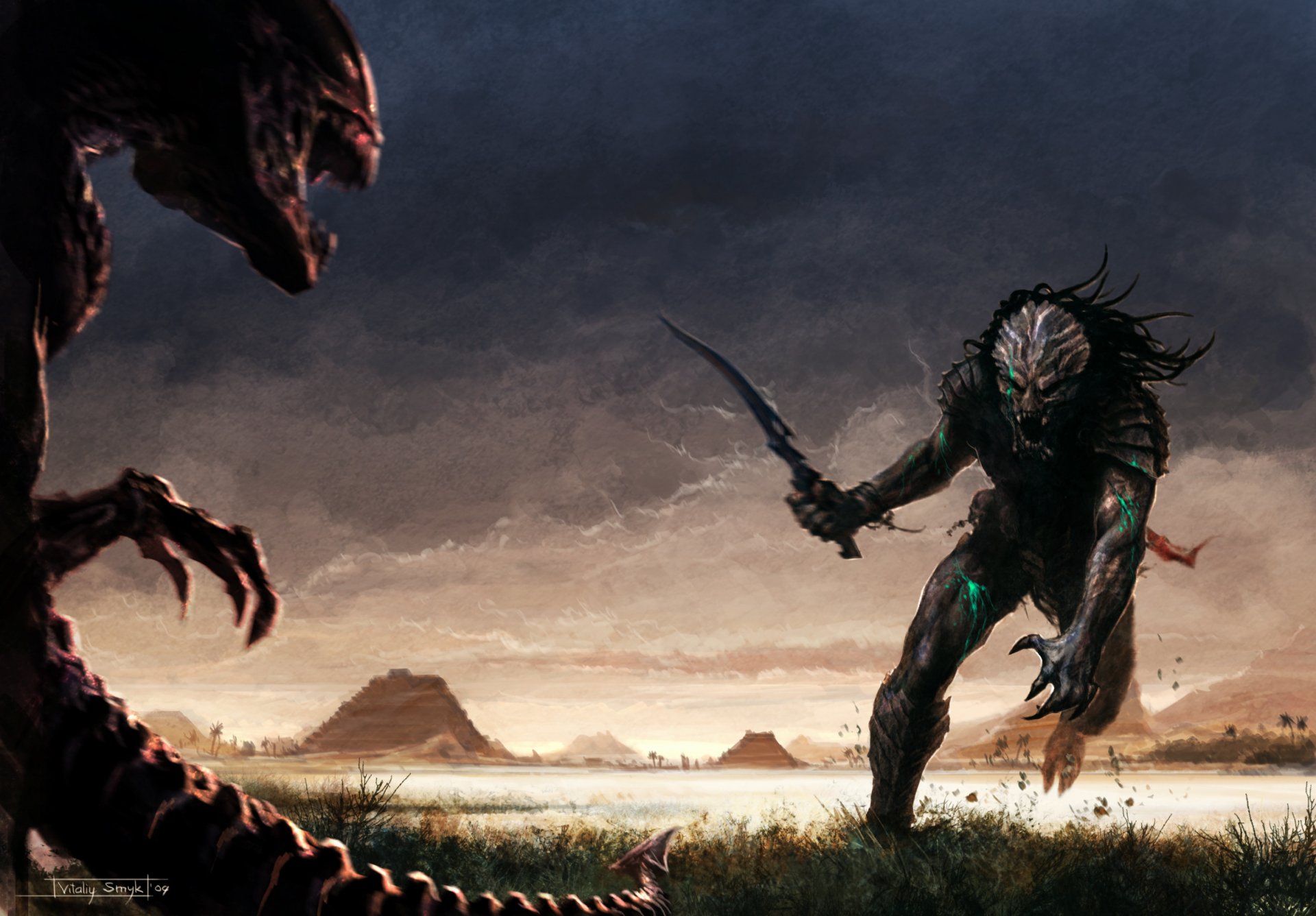 aliens vs. predator a stranger against predator the field grass pyramid sword