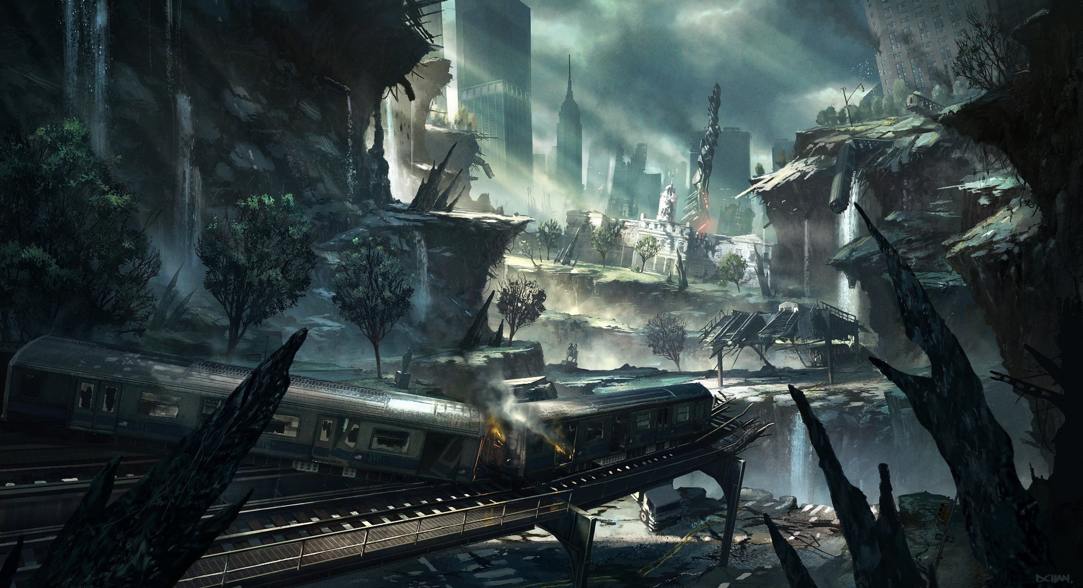 the crysis 2 art train cars rails town ruin