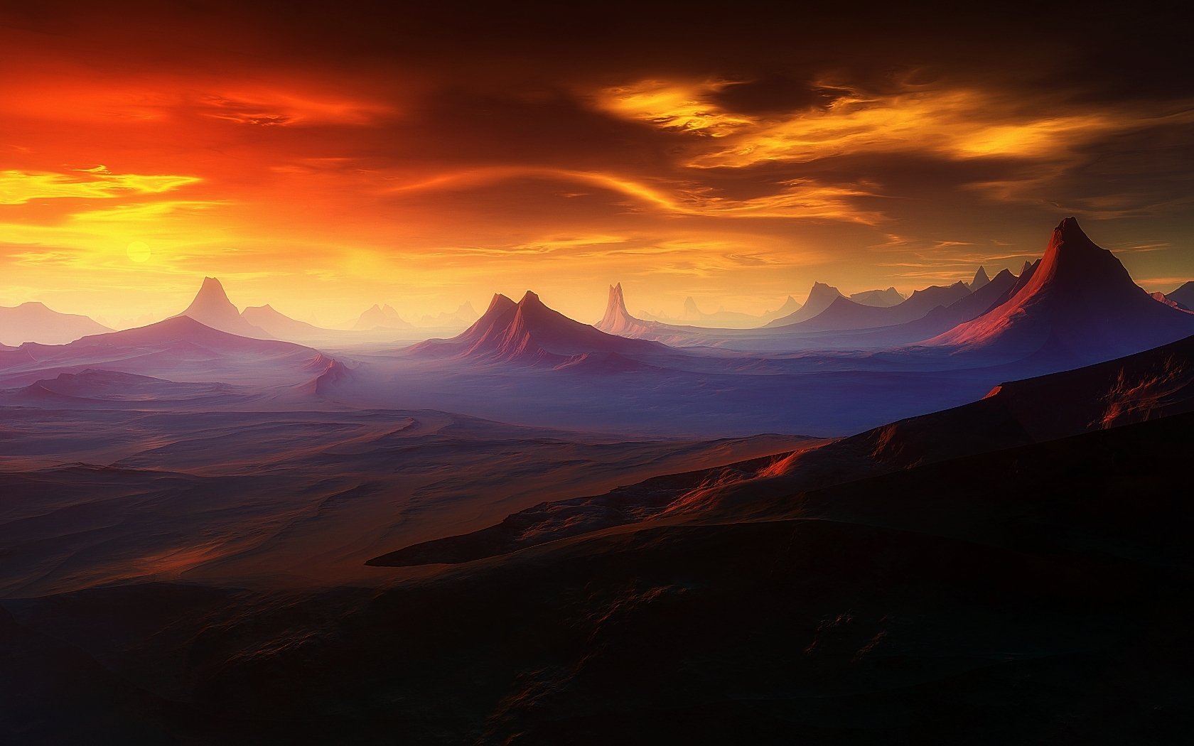 outcast horizon planet sunset mountain