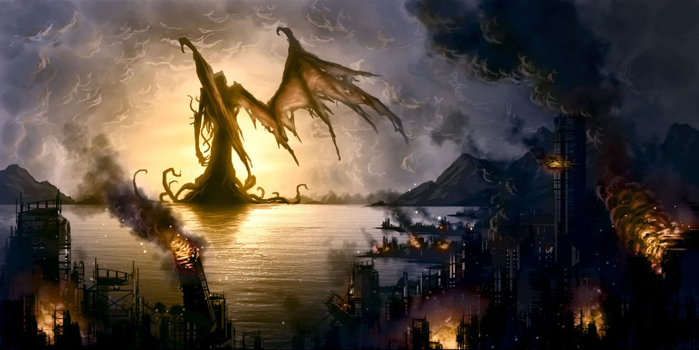 howard phillips lovecraft call of cthulhu monster küsten- stadt- zerstörung- feuer- bucht- 