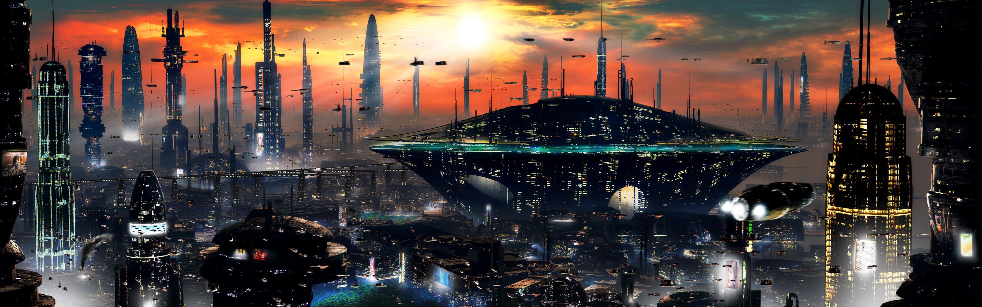 città fantascienza tramonto futuro grattacieli