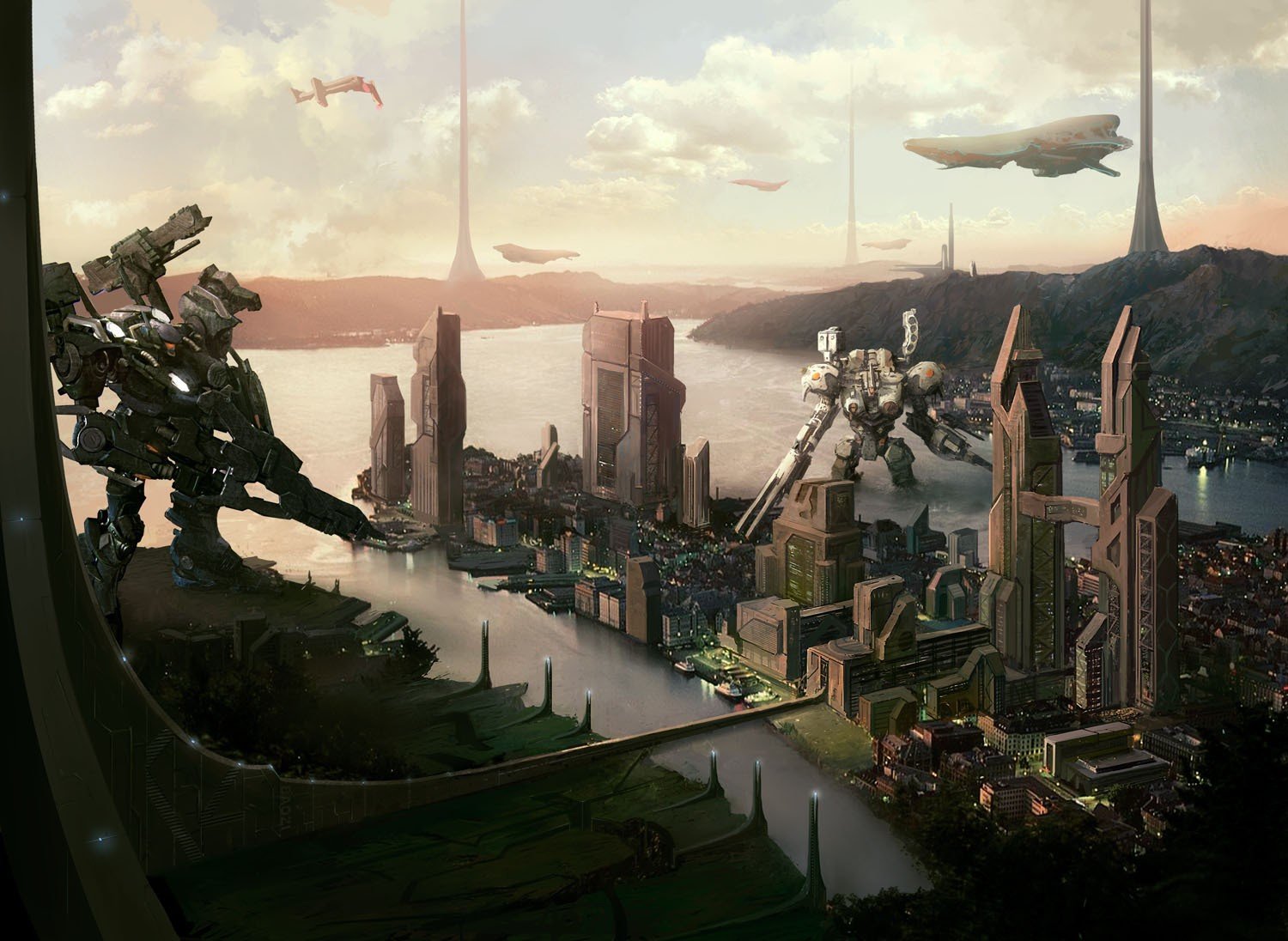 science-fiction robots ville avenir vaisseaux spatiaux paysage science-fiction