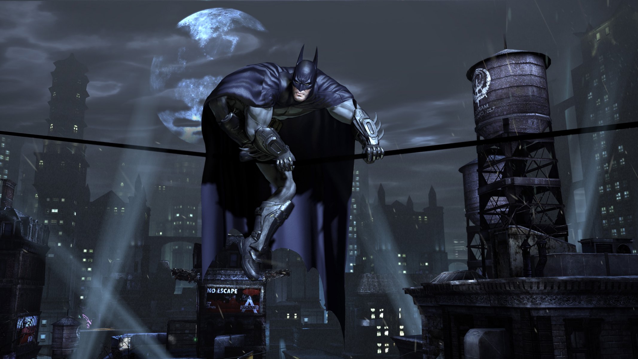 batman super-héros manteau masque ville gotham city nuit lumières lune