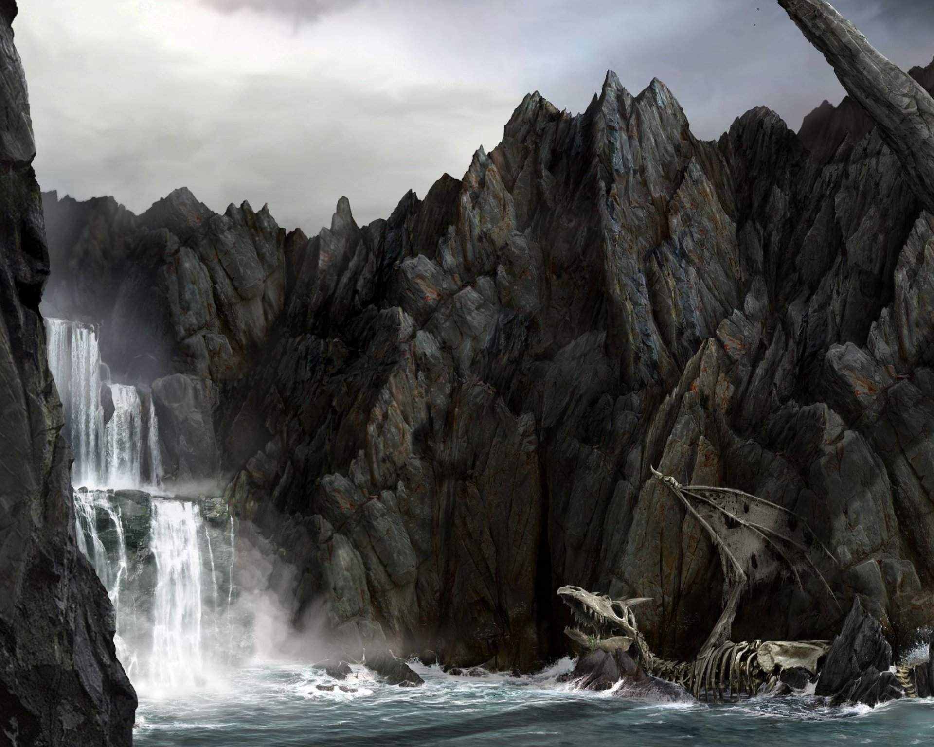 keleton dragon rock sea waterfall