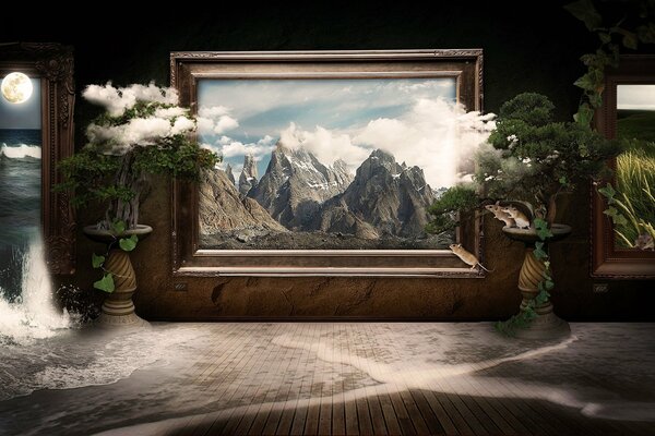 Un dipinto in una galleria su cui sono dipinte montagne e nuvole