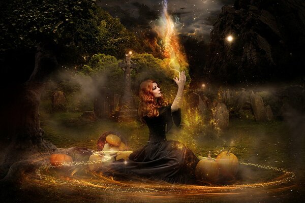 Eine Hexe sitzt auf einer Lichtung zwischen Kürbissen und zaubert