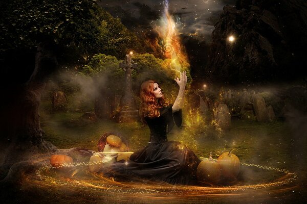 A witch sits in a clearing among pumpkins and conjures