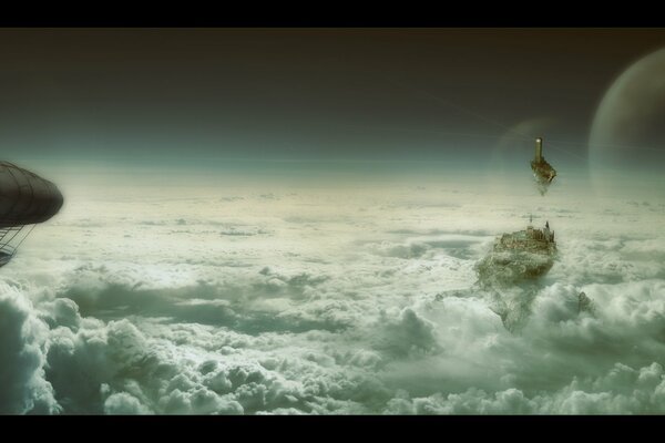 A cosmic world with clouds and ships