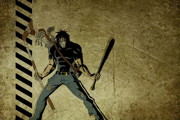 Casey Jones con una mazza da hockey e una mazza da baseball