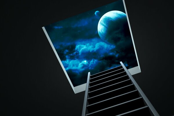 Eine Luke und eine Treppe führen zum Nachthimmel mit leuchtend blauen Wolken und einem großen Planeten