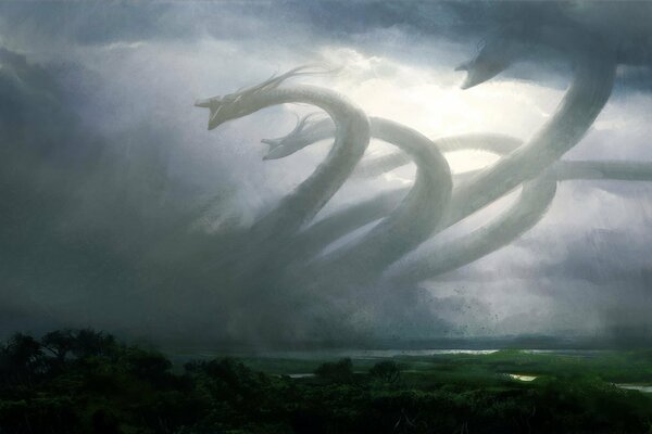 A militant hydra in the fog under the clouds