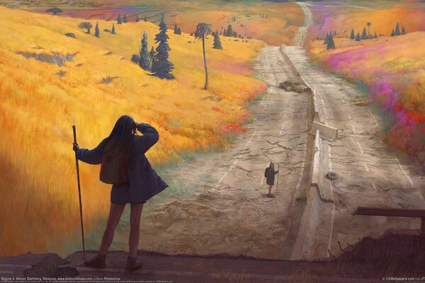 Drawing of girls in dark clothes on a big post-apocalyptic road