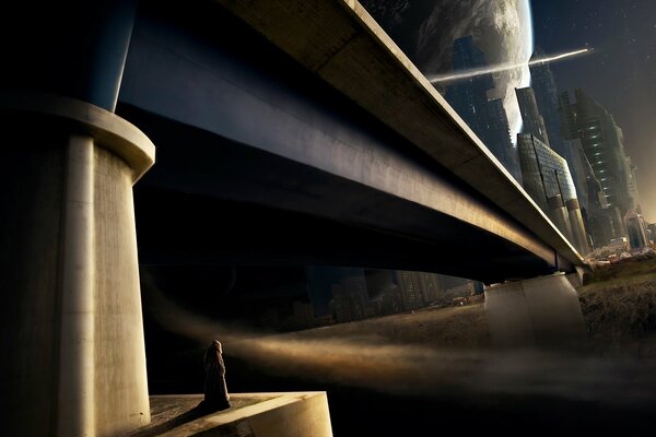 A lonely figure of a man under a bridge against the background of an overhanging huge planet