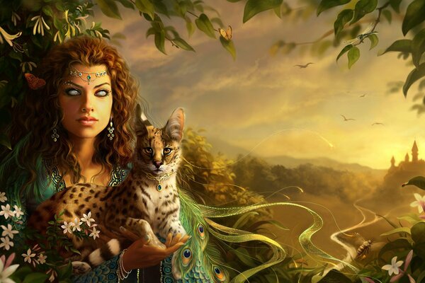 Женщина-кошка с мутными белыми глазами в костюме павлина держит в руках маленькую рысь в зелёном ожерелье на фоне природы