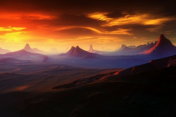 Berge bei Sonnenuntergang des roten Planeten