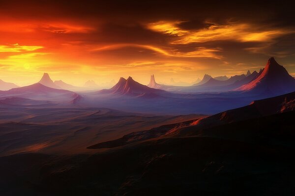 Góry o zachodzie słońca Czerwonej Planety