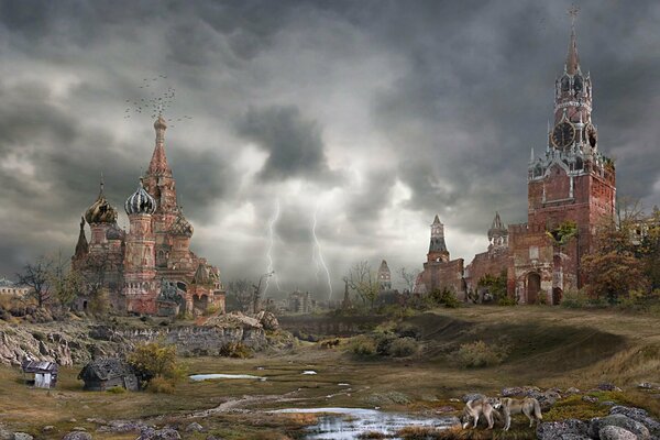 Post-apocalyptic Moscow, the ruins of the Kremlin and St. Basil s Cathedral