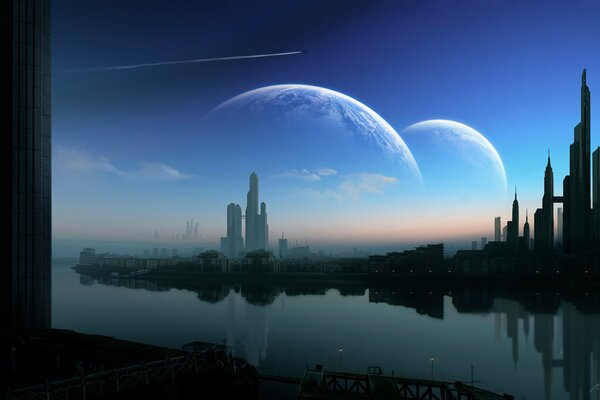 A night city with high-rise buildings against a blue sky with visible planets